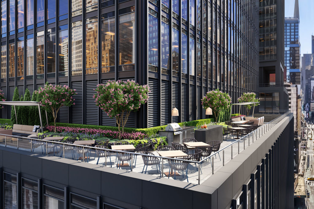 This event venue NYC city view from the private outdoor event space features a Broadway panoramic view.